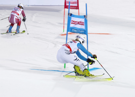 STOCKHOLM, SWEDEN - FEB 23, 2016: Maren Wiesler (GER) and competitor skiing at the FIS Alpine Ski World Cup - Men's and Woman's city event February 23, 2016, Stockholm, Swedenのeditorial素材