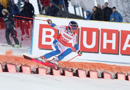 STOCKHOLM, SWEDEN - FEB 23, 2016: Frida Hansdotter (SWE) jumping at the FIS Alpine Ski World Cup - Men's and Woman's city event February 23, 2016, Stockholm, Swedenのeditorial素材