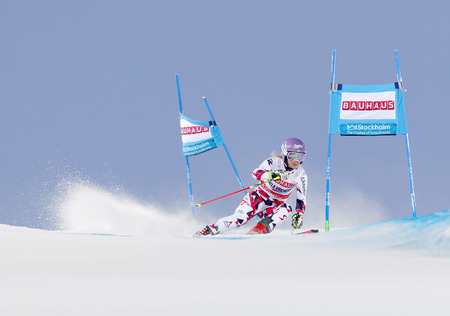 STOCKHOLM, SWEDEN - FEB 23, 2016: Skier Michaela Kirchgasser (AUT) at the FIS Alpine Ski World Cup - city event February 23, 2016, Stockholm, Swedenのeditorial素材