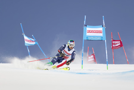STOCKHOLM, SWEDEN - FEB 23, 2016: Manfred Moelgg (ITA) skiing at the FIS Alpine Ski World Cup - city event February 23, 2016, Stockholm, Swedenのeditorial素材