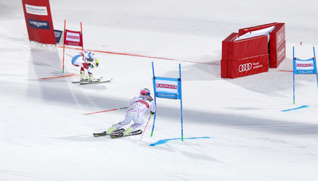 STOCKHOLM, SWEDEN - FEB 23, 2016: Lindsey Vonn (USA) and competitor skiing at the finish at the FIS Alpine Ski World Cup city event February 23, 2016, Stockholm, Swedenのeditorial素材