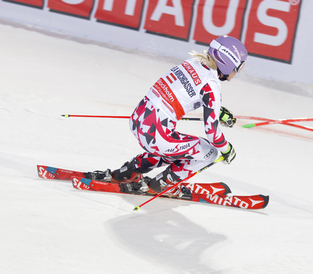 STOCKHOLM, SWEDEN - FEB 23, 2016: Skier Michaela Kirchgasser (AUT) at the FIS Alpine Ski World Cup - city event February 23, 2016, Stockholm, Swedenのeditorial素材