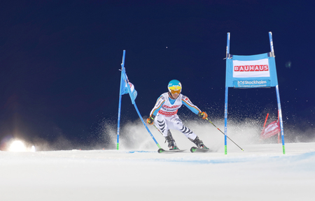 STOCKHOLM, SWEDEN - FEB 23, 2016: Felix Neureuther (GER) skiing at the FIS Alpine Ski World Cup - city event February 23, 2016, Stockholm, Swedenのeditorial素材
