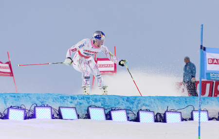 STOCKHOLM, SWEDEN - FEB 23, 2016: Lindsey Vonn (USA) jumping at the FIS Alpine Ski World Cup - Men's and Woman's city event February 23, 2016, Stockholm, Swedenのeditorial素材