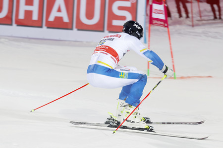 STOCKHOLM, SWEDEN - FEB 23, 2016: Andre Myhrer (SWE) skiing at the FIS Alpine Ski World Cup - city event February 23, 2016, Stockholm, Swedenのeditorial素材