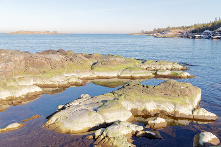 Archipelago, sea and rocks covered with green algae a sunny morning in spring in Swedenの写真素材