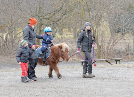 STOCKHOLM, SWEDEN - MAR 20, 2016: Small pony and a small child riding, a groom leading the horse at Oeverjarva Gard, Mars 20, 2016, Stockholm, Swedenのeditorial素材