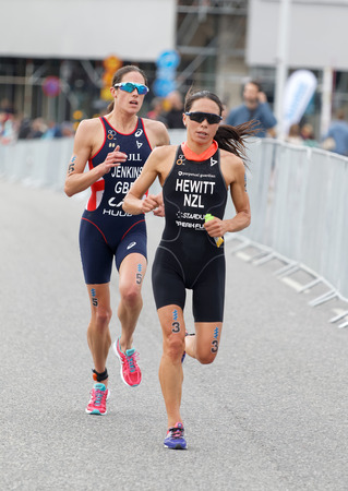 STOCKHOLM - JUL 02, 2016: Female running triathletes Andrea Hewitt and Helen Jenkins in the Women's ITU World Triathlon series event July 02, 2016 in Stockholm, Swedenのeditorial素材