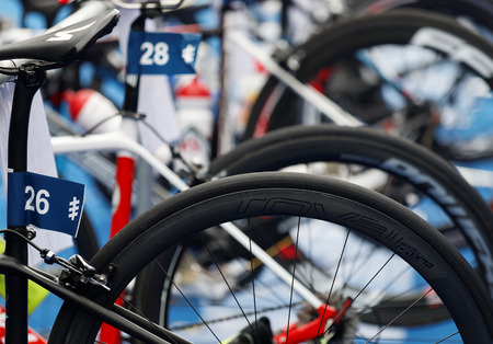 STOCKHOLM - JUL 02, 2016: Closeup of a professional triathlon cycles in the Women's ITU World Triathlon series event July 02, 2016 in Stockholm, Swedenのeditorial素材
