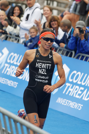 STOCKHOLM - JUL 02, 2016: Triathlete Andrea Hewitt (NZL) running at the finish in the Women's ITU World Triathlon series event July 02, 2016 in Stockholm, Swedenのeditorial素材
