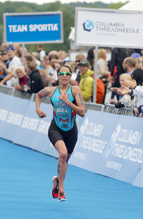 STOCKHOLM - JUL 02, 2016: Triathlete Claire Michel (BEL) running at the finish in the Women's ITU World Triathlon series event July 02, 2016 in Stockholm, Swedenのeditorial素材