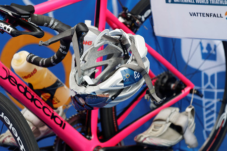STOCKHOLM - JUL 02, 2016: Closeup of a professional triathlon cycles in the Women's ITU World Triathlon series event July 02, 2016 in Stockholm, Swedenのeditorial素材