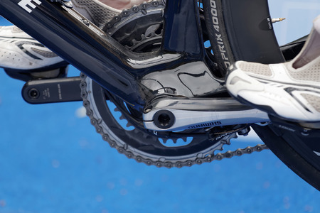 STOCKHOLM - JUL 02, 2016: Closeup of a professional cycle and shoes in the Women's ITU World Triathlon series event July 02, 2016 in Stockholm, Swedenのeditorial素材