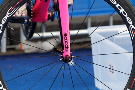 STOCKHOLM - JUL 02, 2016: Closeup of a cycle wheel in the Women's ITU World Triathlon series event July 02, 2016 in Stockholm, Swedenのeditorial素材