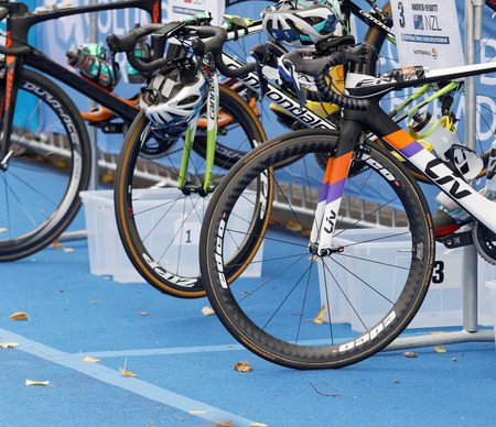 STOCKHOLM - JUL 02, 2016: Closeup of a professional triathlon cycles in the Women's ITU World Triathlon series event July 02, 2016 in Stockholm, Swedenのeditorial素材