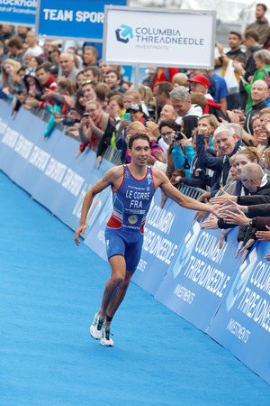 STOCKHOLM - JUL 02, 2016: Running triathlete Pierre Le Corre at the finish in the Men's ITU World Triathlon series event July 02, 2016 in Stockholm, Swedenのeditorial素材