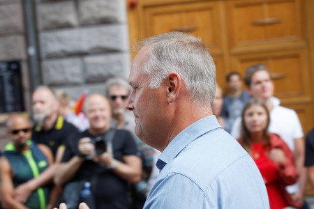 STOCKHOLM, SWEDEN - JUL 30, 2016: The swedish party leader Jonas SjÃ¶stedt  in the Pride parade July 30, 2016 in Stockholm, Swedenのeditorial素材