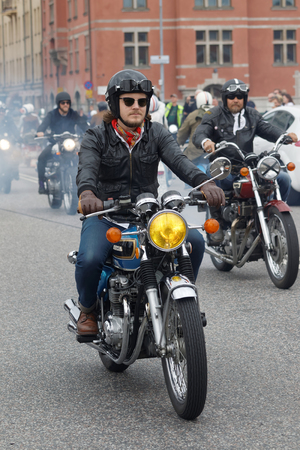 STOCKHOLM, SWEDEN - SEPT 03, 2016: Closeup of old fashioned motorcycles and bikers at the Mods vs Rockers event at the St:Eriks bridge, Stockholm, Sweden, September 02, 2016のeditorial素材