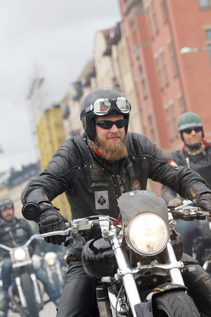 STOCKHOLM, SWEDEN - SEPT 03, 2016: Closeup of old fashioned motorcycles and bikers at the Mods vs Rockers event at the St:Eriks bridge, Stockholm, Sweden, September 02, 2016のeditorial素材