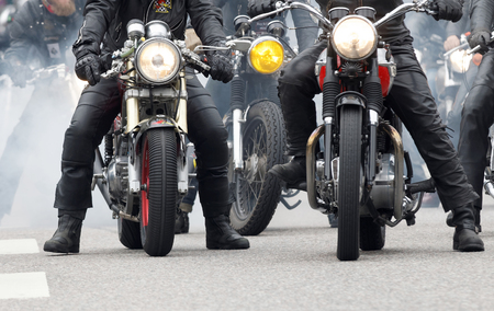 STOCKHOLM, SWEDEN - SEPT 03, 2016: GCloseup of old fashioned motorcycles and bikers at the Mods vs Rockers event at the Saint Eriks bridge, Stockholm, Sweden, September 02, 2016のeditorial素材