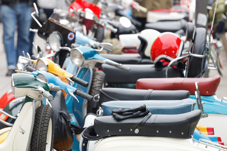 STOCKHOLM, SWEDEN - SEPTEMBER 03, 2016: Many retro vespa scooters, only one scooter in focus, before the start of the Mods vs Rockers event at the Saint Eriks bridge, Stockholm, Sweden, September 03, 2016のeditorial素材