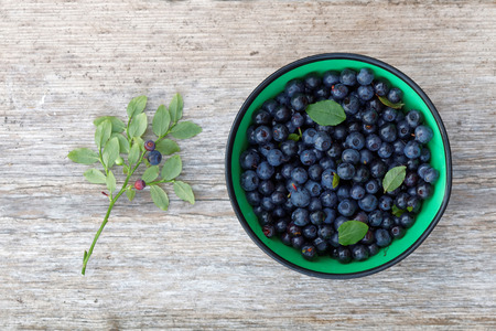 Blueberry in a green bowl from above on a plank and a blueberry branch laying beside.の写真素材