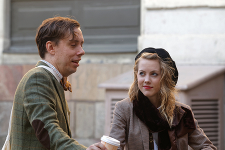 STOCKHOLM - SEPT 24, 2016: Beautiful blonde woman and man dressed in old fashioned tweed clothes in the Bike in Tweed event September 24, 2016 in Stockholm, Swedenのeditorial素材