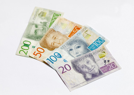 Swedish currency 20, 50, 100, 200 SEK, new layout 2016 laying on a tableの写真素材