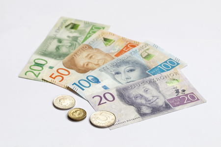 Swedish currency 20, 50, 100, 200 SEK, new layout 2016 laying on a tableの写真素材