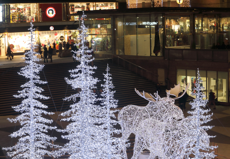 STOCKHOLM, SWEDEN - JAN 24 2016: Christmas moose decoration made of light in Sergels torg, January 24, 2016 in Stockholm, Swedenのeditorial素材