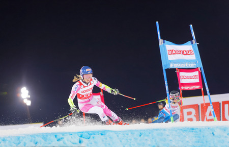 STOCKHOLM, SWEDEN - JAN 31, 2017: Mikaela Shiffrin (USA) fighting againt Frida Hansdotter (SWE) in the downhill skiing parallel slalom at the Alpine Audi FIS Ski World Cup - city event January 31, 2017, Stockholm, Swedenのeditorial素材