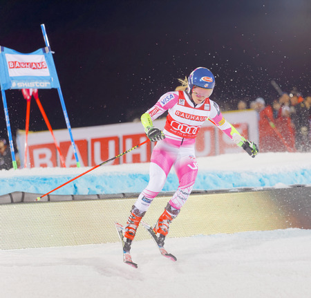STOCKHOLM, SWEDEN - JAN 31, 2017: Mikaela Shiffrin (USA) landing after a jump in the downhill skiing parallel slalom at the Alpine Audi FIS Ski World Cup - city event January 31, 2017, Stockholm, Swedenのeditorial素材