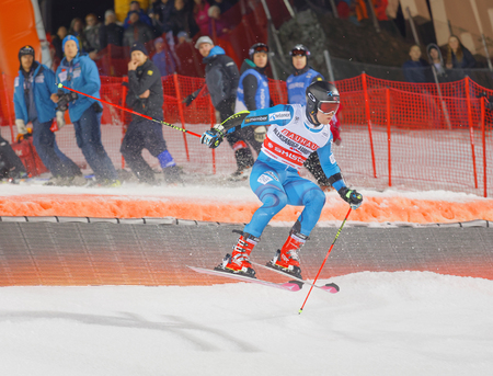 STOCKHOLM, SWEDEN - JAN 31, 2017: Aleksander Khorosholv (RUS) jumping in the parallel slalom alpine ski event, Audi FIS Ski World Cup. January 31, 2017, Stockholm, Swedenのeditorial素材