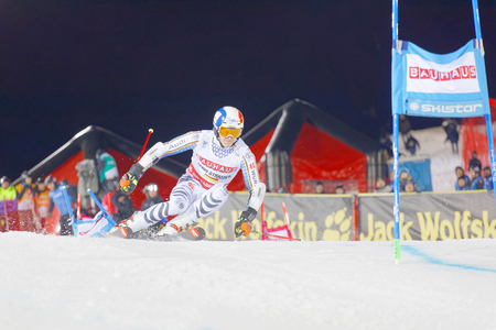 STOCKHOLM, SWEDEN - JAN 31, 2017: Linus Strasser (GER) downhill skiing, winner of the Alpine Audi FIS Ski World Cup - city event January 31, 2017, Stockholm, Swedenのeditorial素材
