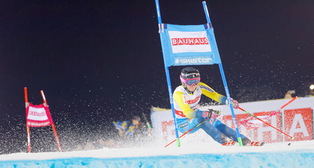 STOCKHOLM, SWEDEN - JAN 31, 2017: Frida Hansdotter (SWE) in the parallel slalom downhill skiing, at the Alpine Audi FIS Ski World Cup - city event January 31, 2017, Stockholm, Swedenのeditorial素材