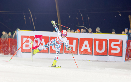 STOCKHOLM, SWEDEN - JAN 31, 2017: Katharina Truppe (AUT) close to falling in the downhill skiing in the parallel slalom alpine event, Audi FIS Ski World Cup. January 31, 2017, Stockholm, Swedenのeditorial素材