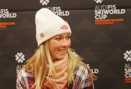 STOCKHOLM, SWEDEN - JAN 30, 2017: Smiling Mikaela Shiffrin interviewed at a press conference before the parallel slalom, Audi FIS Ski World Cup. January 30, 2017, Stockholm, Swedenのeditorial素材