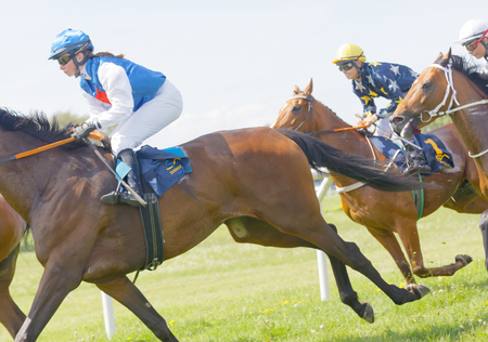 STOCKHOLM, SWEDEN - JUNE 06, 2017: Side view of colorful jockeys riding side by side on race horses at Nationaldags Galoppen at Gardet. June 6, 2017 in Stockholm, Swedenのeditorial素材
