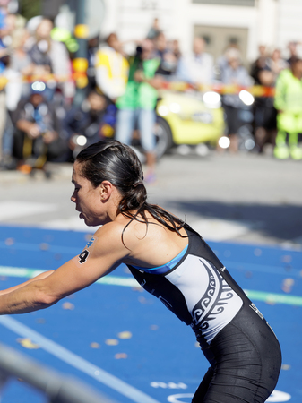 STOCKHOLM - AUG 26, 2017: Triathlete Andrea Hewitt (NZL)  in the transition zone in the Women's ITU World Triathlon series event August 26, 2017 in Stockholm, Swedenのeditorial素材