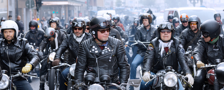STOCKHOLM, SWEDEN - SEPT 02, 2017: Many MC drivers in helmets and leather clothes on retro motorcycles waiting to to start driving at the Mods vs Rockers event at the Saint Eriks bridge, Stockholm, Sweden, September 02, 2017のeditorial素材