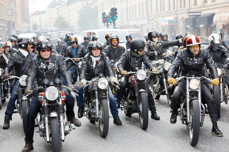 STOCKHOLM, SWEDEN - SEPT 02, 2017: Motorbikers in leather clothes waiting for the start of the Mods vs Rockers event at the Saint Eriks bridge, Stockholm, Sweden, September 02, 2017のeditorial素材