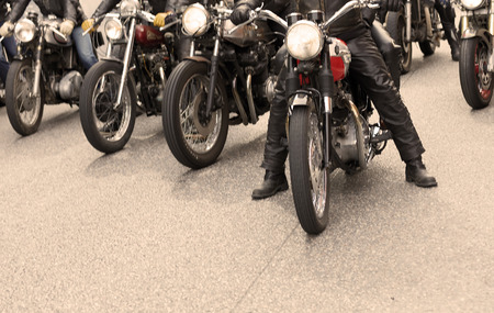 STOCKHOLM, SWEDEN - SEPT 02, 2017: Closeup of retro motorcycles wheels of retro MC at the Mods vs Rockers event at the Saint Eriks bridge, Stockholm, Sweden, September 02, 2017のeditorial素材