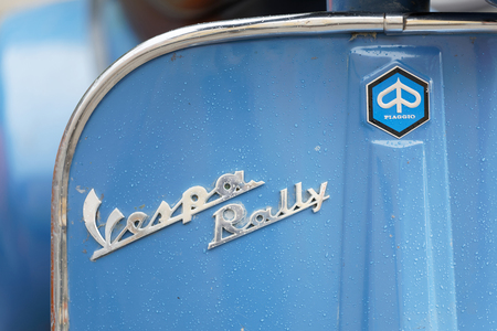 STOCKHOLM, SWEDEN - SEPT 02, 2017: Closeup of blue parked old fashioned classic vespa rally scooters at the Mods vs Rockers event at the Saint Eriks bridge, Stockholm, Sweden, September 02, 2017のeditorial素材