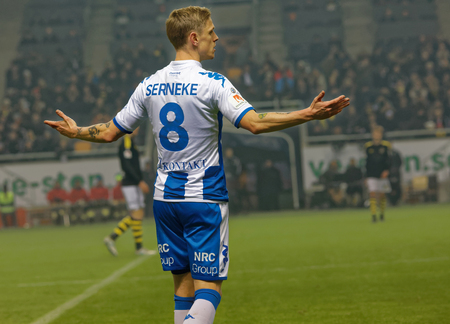 SOLNA SWEDEN - OCT 30, 2017: Soccer player from IFK Gothenburg making gesture with his arms. October 30 2017,Solna,Swedenのeditorial素材