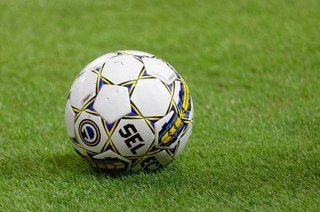 SOLNA SWEDEN - OCT 30, 2017: Closeup of soccer fotball on the green grass. October 30 2017,Solna,Swedenのeditorial素材