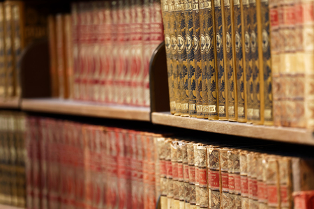 STOCKHOLM, OCT 30 2017: Closeup of books in a shelf in the city library in Stockholm called Stadsbiblioteket. October 30, 2017, Stockholm, Sweden.のeditorial素材