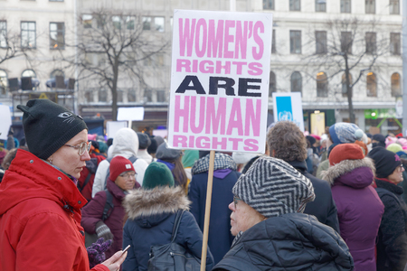 STOCKHOLM, SWEDEN - JAN 21, 2018: Womens March, a worldwide protest for women's rights in central Stockholm, Norrmalmstorg, Sweden, January 21, 2018のeditorial素材