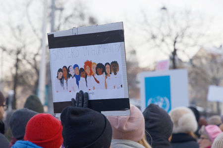 STOCKHOLM, SWEDEN - JAN 21, 2018: Womens March, a worldwide protest for women's rights in central Stockholm, Norrmalmstorg, Sweden, January 21, 2018のeditorial素材