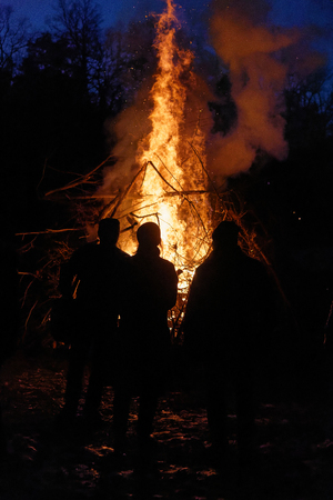 STOCKHOLM, SWEDEN - DEC 17, 2017: Silhouett of people looking at the bonfire at the fire show at Rosendal Garden in Stockholm, Sweden, December 17, 2017のeditorial素材