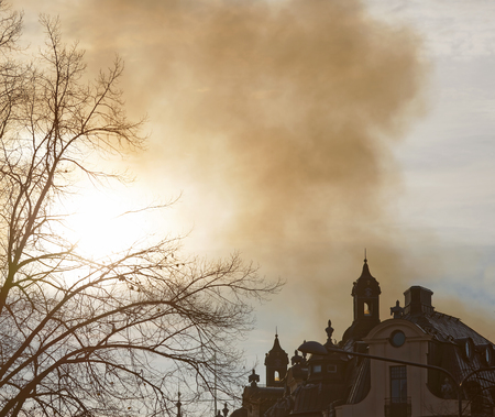 STOCKHOLM, SWEDEN - NOV 07, 2017: Smoke on the sky from a fire in central Stockholm at Biblioteksgatan, Stockholm, Sweden, November 07, 2017のeditorial素材